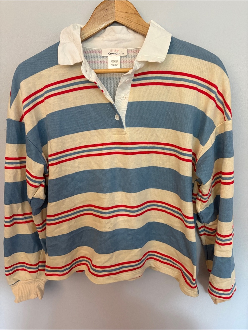 Striped Kids Rugby Top in Blue & Cream with Red Accents
